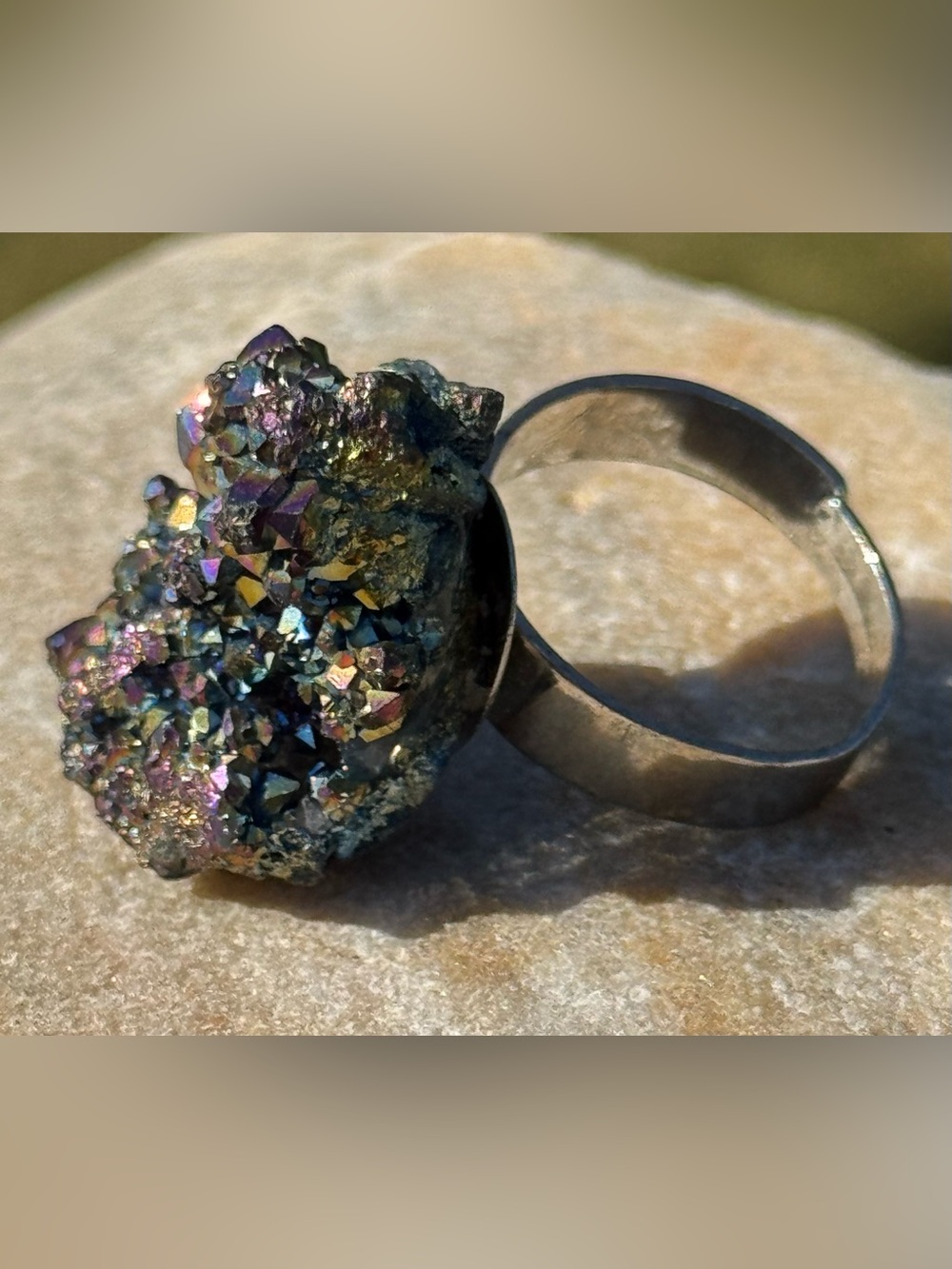 Titanium Rainbow Aura Cluster Adjustable Iridescent Druzy Statement Ring